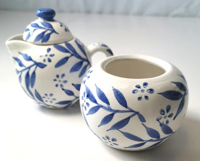 Creamer and Sugar Bowl Hand Painted Botanical Blue image indicator(6)