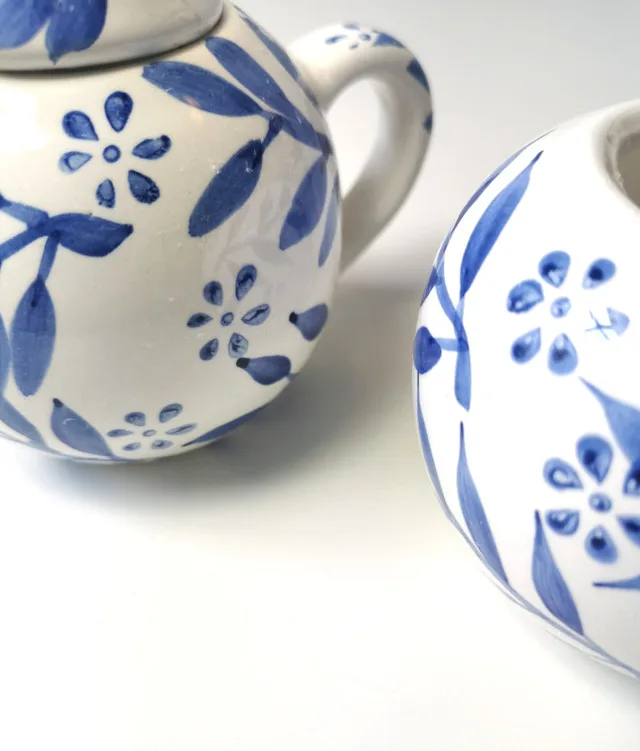 Creamer and Sugar Bowl Hand Painted Botanical Blue image indicator(7)
