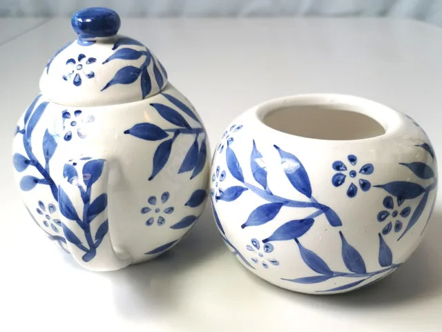 Creamer and Sugar Bowl Hand Painted Botanical Blue image indicator(8)