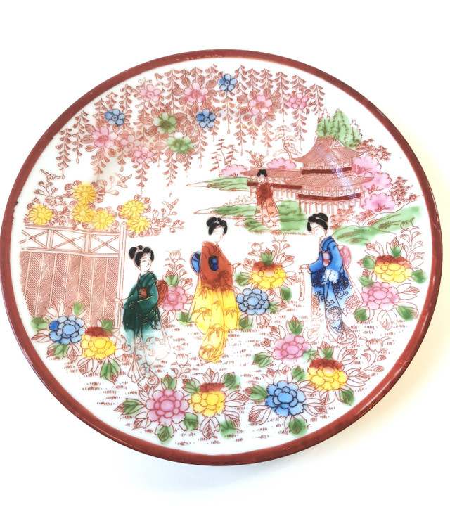 Geisha Cherry Blossom Asian Ceramic Plate Red Mark Vintage Japan