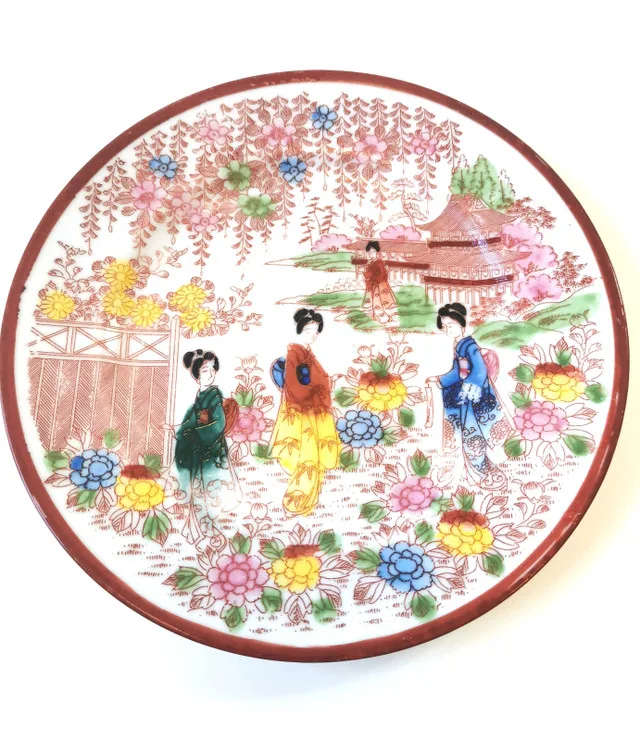Geisha Cherry Blossom Asian Ceramic Plate Red Mark Vintage Japan thumbnail