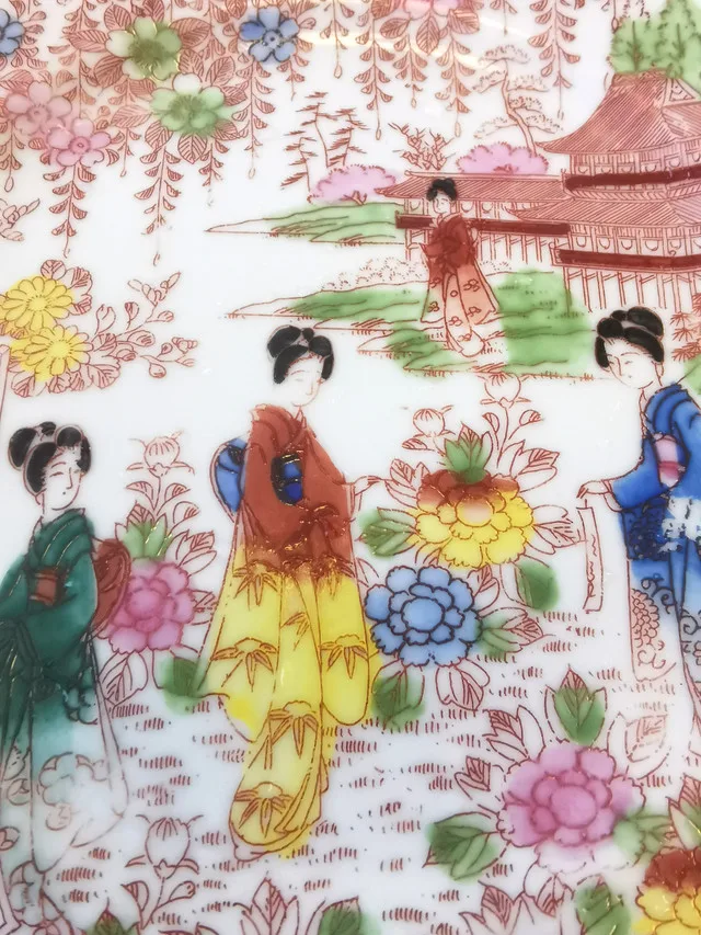 Geisha Cherry Blossom Asian Ceramic Plate Red Mark Vintage Japan image indicator(2)