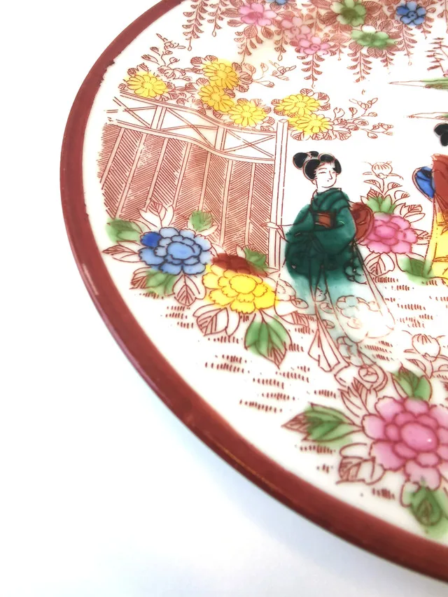 Geisha Cherry Blossom Asian Ceramic Plate Red Mark Vintage Japan image indicator(5)