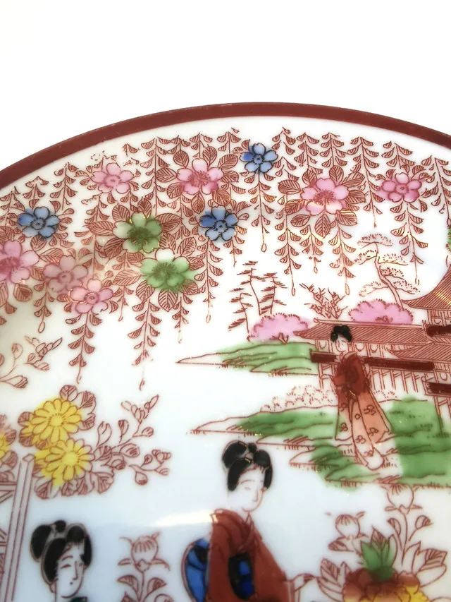 Geisha Cherry Blossom Asian Ceramic Plate Red Mark Vintage Japan image indicator(7)