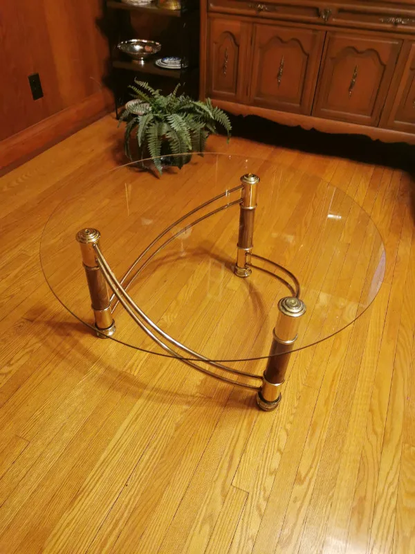 Three Pillars Twisted Brass Base, Glass Top Table Vintage thumbnail