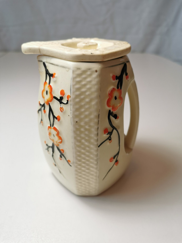 Vtg 60s Japanese Tea Caddy Jar Lidded Octagon Cream Cherry Bloss