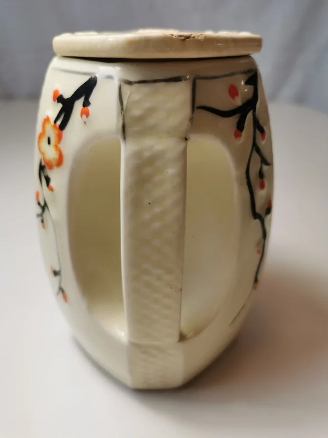 Vtg 60s Japanese Tea Caddy Jar Lidded Octagon Cream Cherry Bloss image indicator(2)