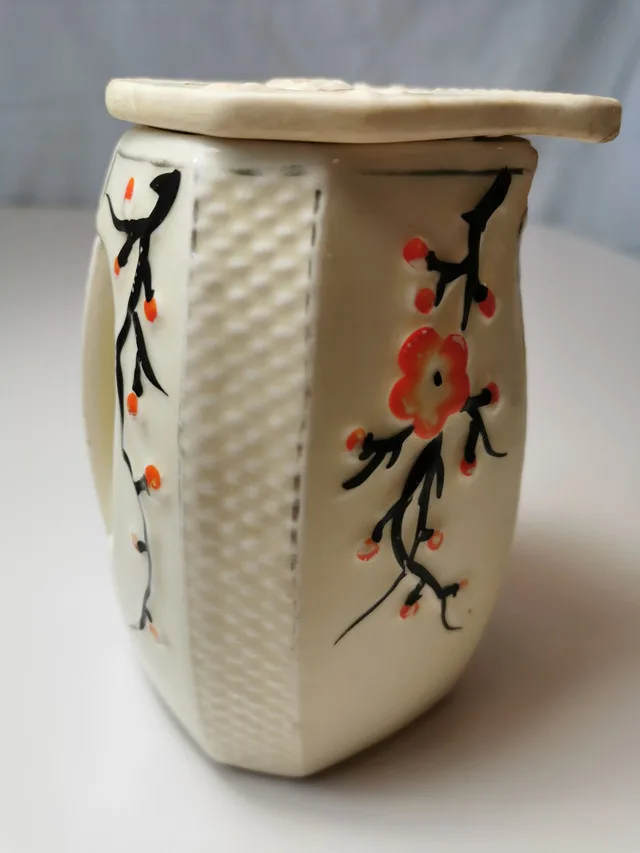 Vtg 60s Japanese Tea Caddy Jar Lidded Octagon Cream Cherry Bloss image indicator(3)