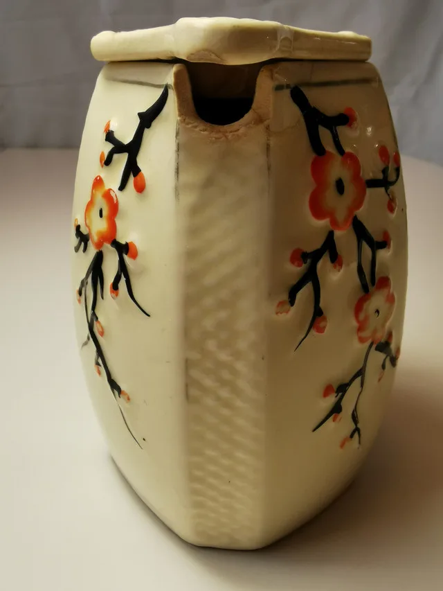 Vtg 60s Japanese Tea Caddy Jar Lidded Octagon Cream Cherry Bloss image indicator(4)