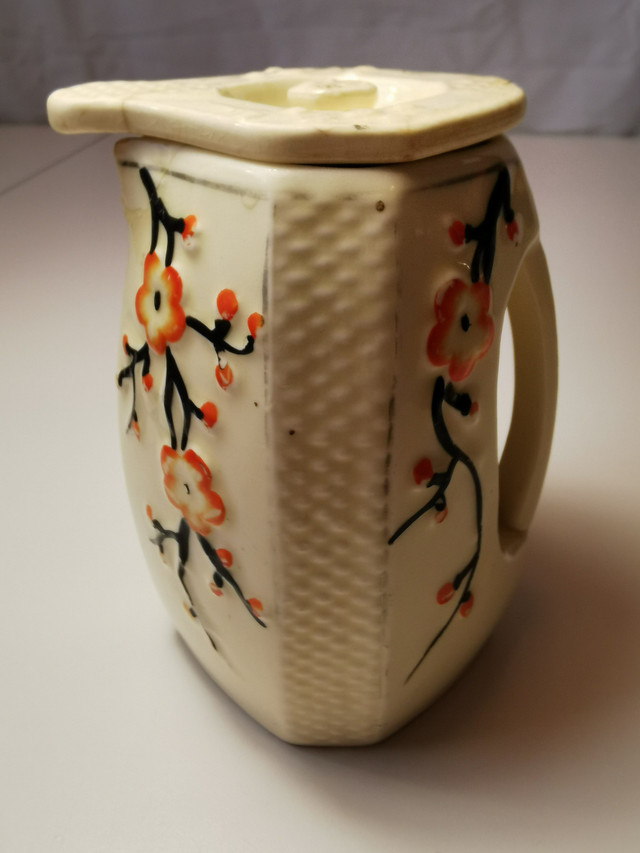 Vtg 60s Japanese Tea Caddy Jar Lidded Octagon Cream Cherry Bloss - photo 5