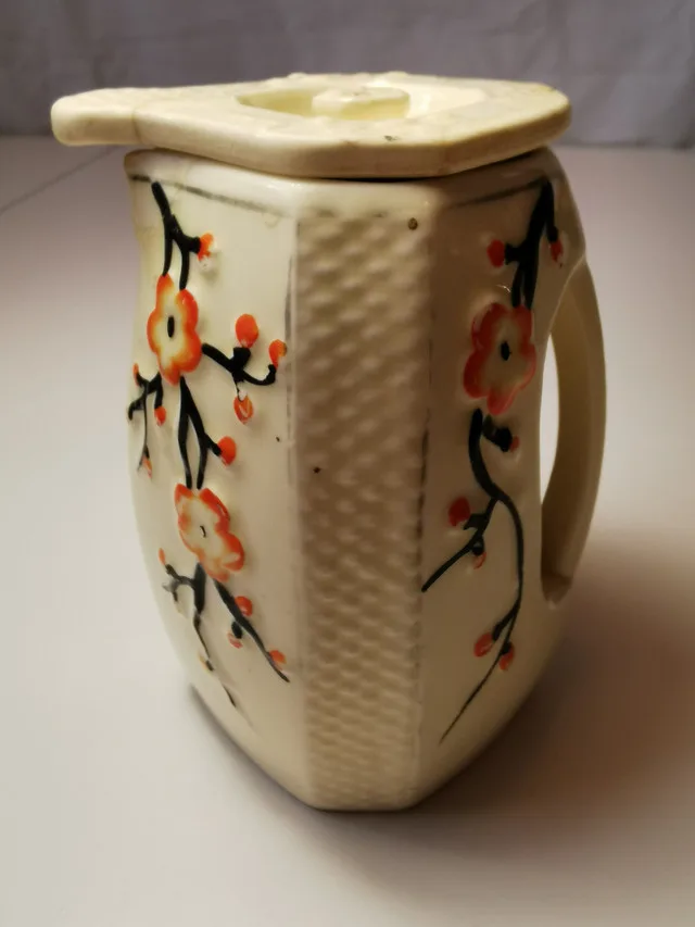 Vtg 60s Japanese Tea Caddy Jar Lidded Octagon Cream Cherry Bloss image indicator(5)