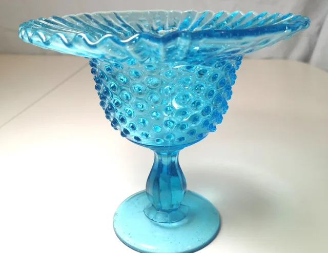 Pedestal Dish UV Reactive Fenton - Aqua Blue Hobnail Ruffled Bo thumbnail