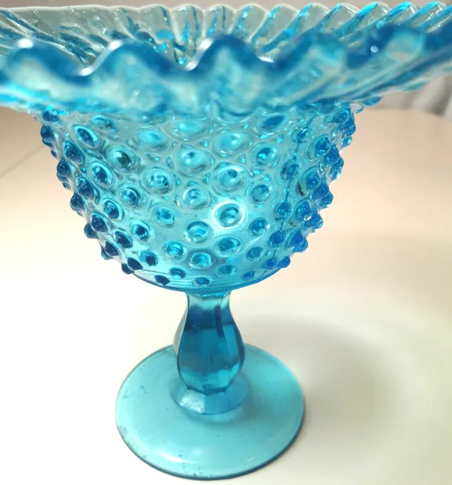 Pedestal Dish UV Reactive Fenton - Aqua Blue Hobnail Ruffled Bo image indicator(6)