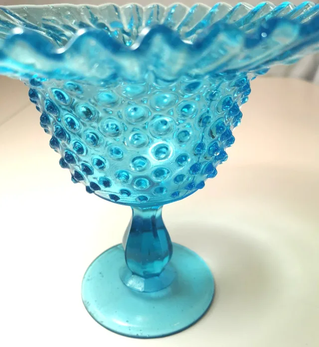 Pedestal Dish UV Reactive Fenton - Aqua Blue Hobnail Ruffled Bo image indicator(7)