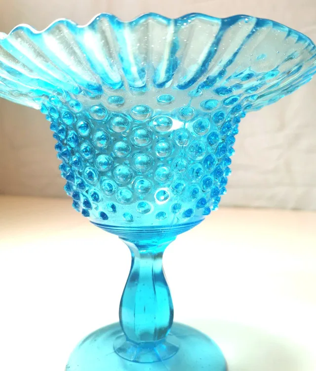 Pedestal Dish UV Reactive Fenton - Aqua Blue Hobnail Ruffled Bo image indicator(8)