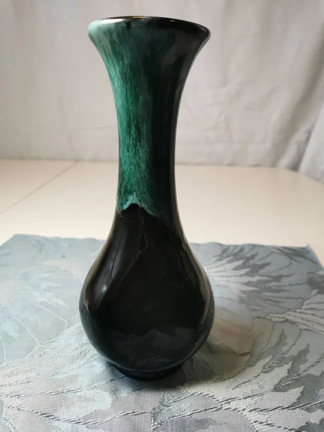 Vase Cool Green and Black 1970s Vintage Flat Face One Side H 8.7 thumbnail