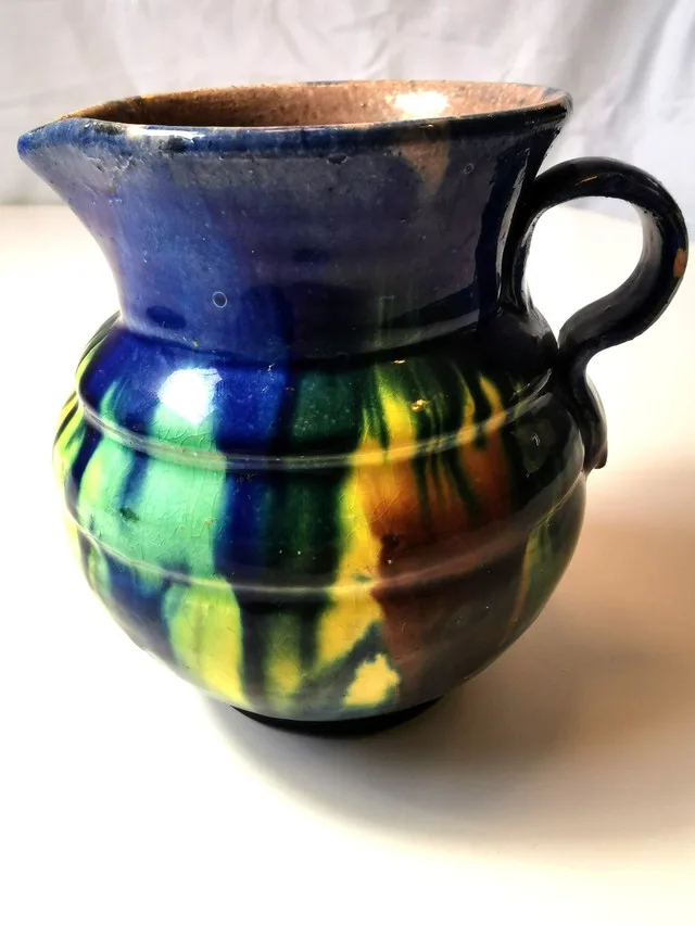 Pottery Creamer Pitcher Hand Made Drip Glaze Small Ribbed Vintag thumbnail