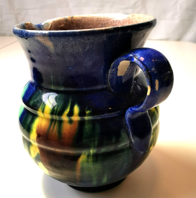 Pottery Creamer Pitcher Hand Made Drip Glaze Small Ribbed Vintag - photo 2