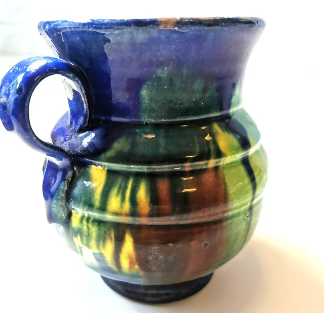 Pottery Creamer Pitcher Hand Made Drip Glaze Small Ribbed Vintag image indicator(3)