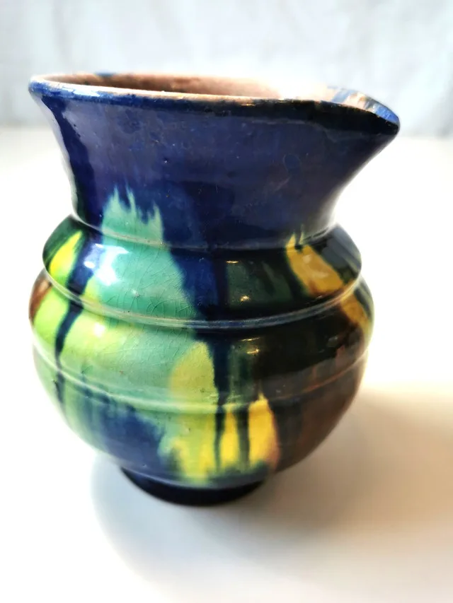 Pottery Creamer Pitcher Hand Made Drip Glaze Small Ribbed Vintag image indicator(5)