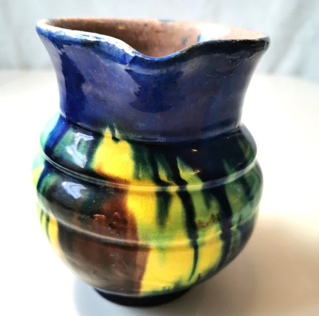 Pottery Creamer Pitcher Hand Made Drip Glaze Small Ribbed Vintag image indicator(6)