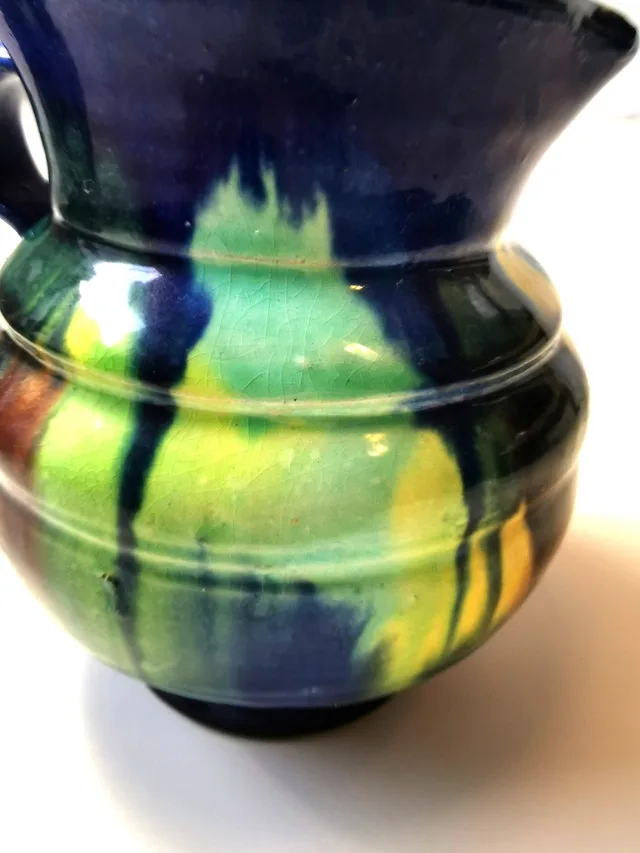 Pottery Creamer Pitcher Hand Made Drip Glaze Small Ribbed Vintag image indicator(8)