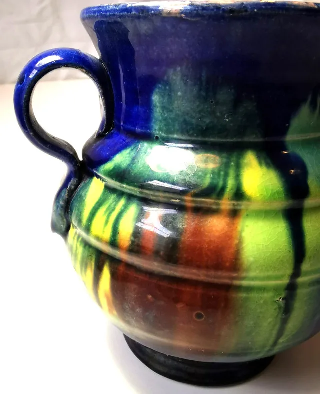 Pottery Creamer Pitcher Hand Made Drip Glaze Small Ribbed Vintag image indicator(9)
