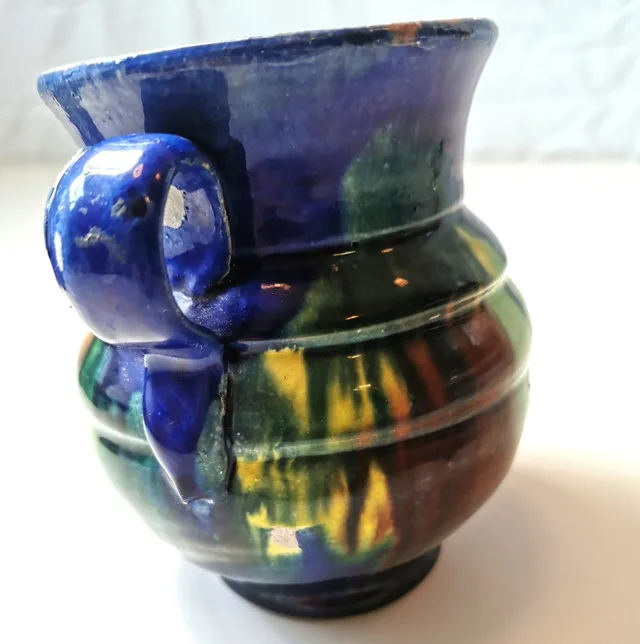 Pottery Creamer Pitcher Hand Made Drip Glaze Small Ribbed Vintag image indicator(10)