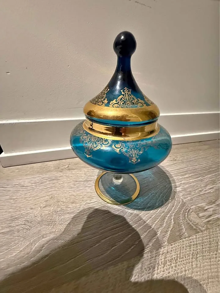 Vintage Bohemian Czech Sky Blue and Gold Covered Candy thumbnail