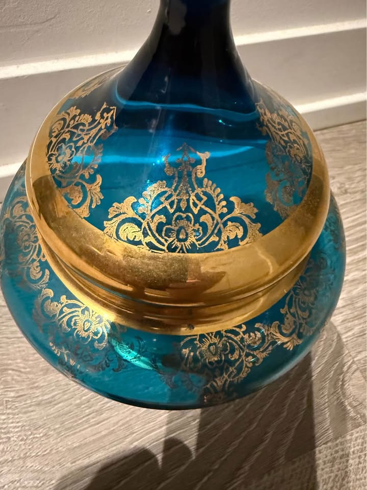 Vintage Bohemian Czech Sky Blue and Gold Covered Candy - photo 3