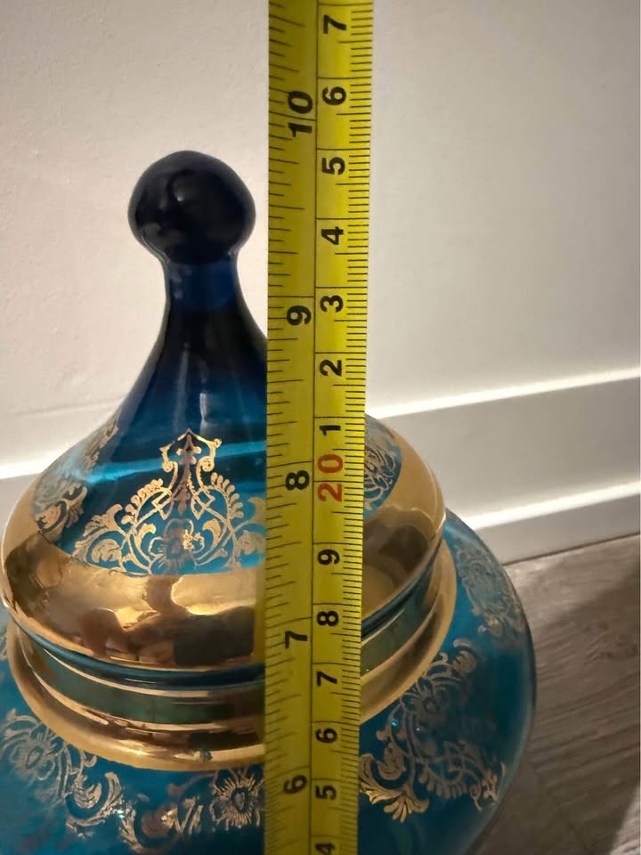Vintage Bohemian Czech Sky Blue and Gold Covered Candy - photo 4