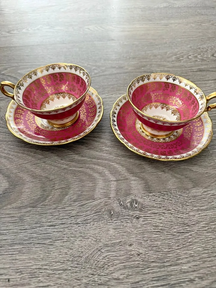 ROYAL STAFFORD RED BAND GOLD PEDESTAL TEA CUP AND SAUCER 2 pcs thumbnail