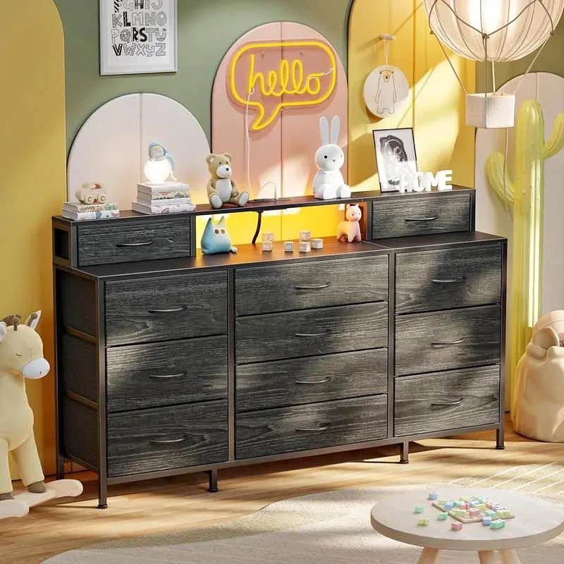 🖤 Modern 12-Drawer Dresser w/ LED & Power Outlets thumbnail