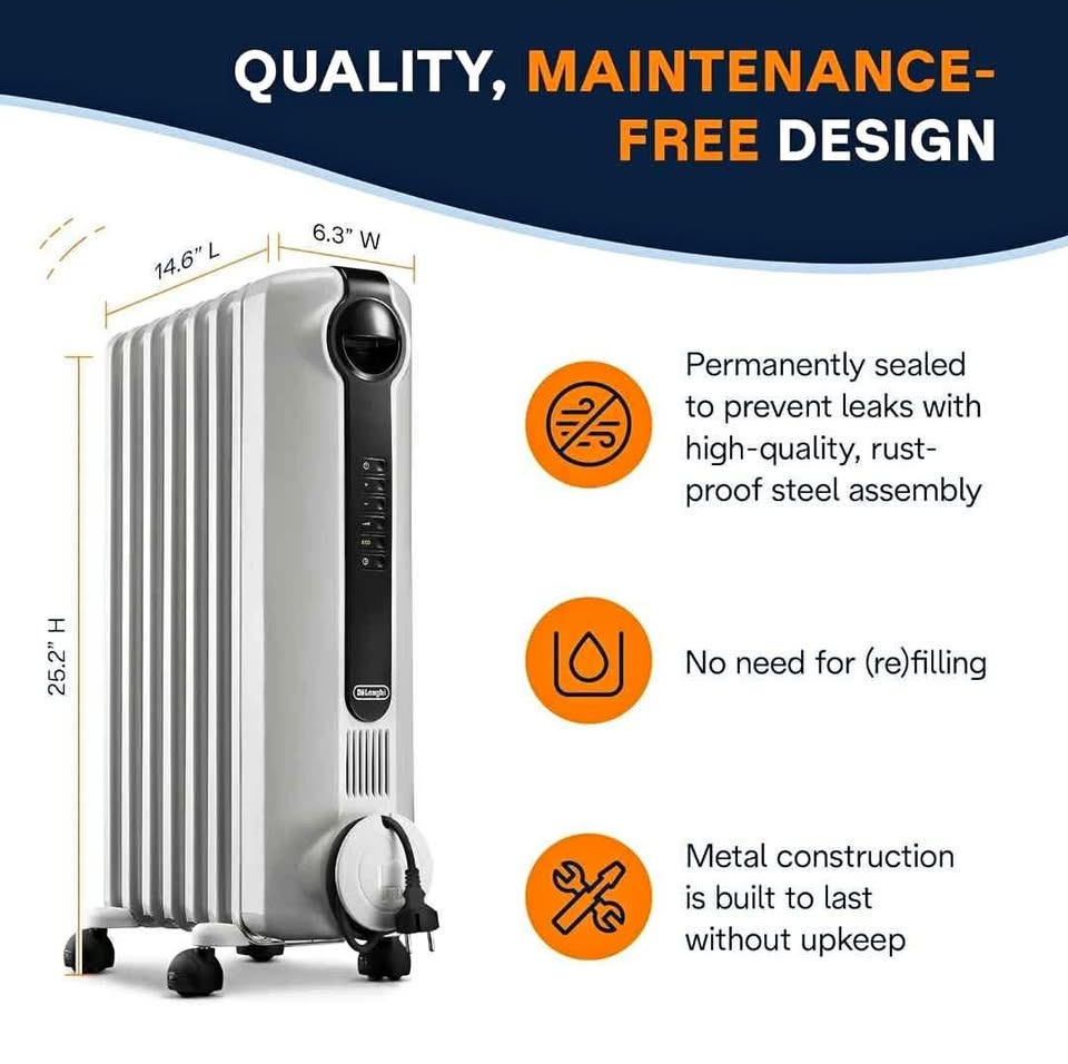 De'Longhi Oil-Filled Radiator Space Heater – 1500W (Light Gray)