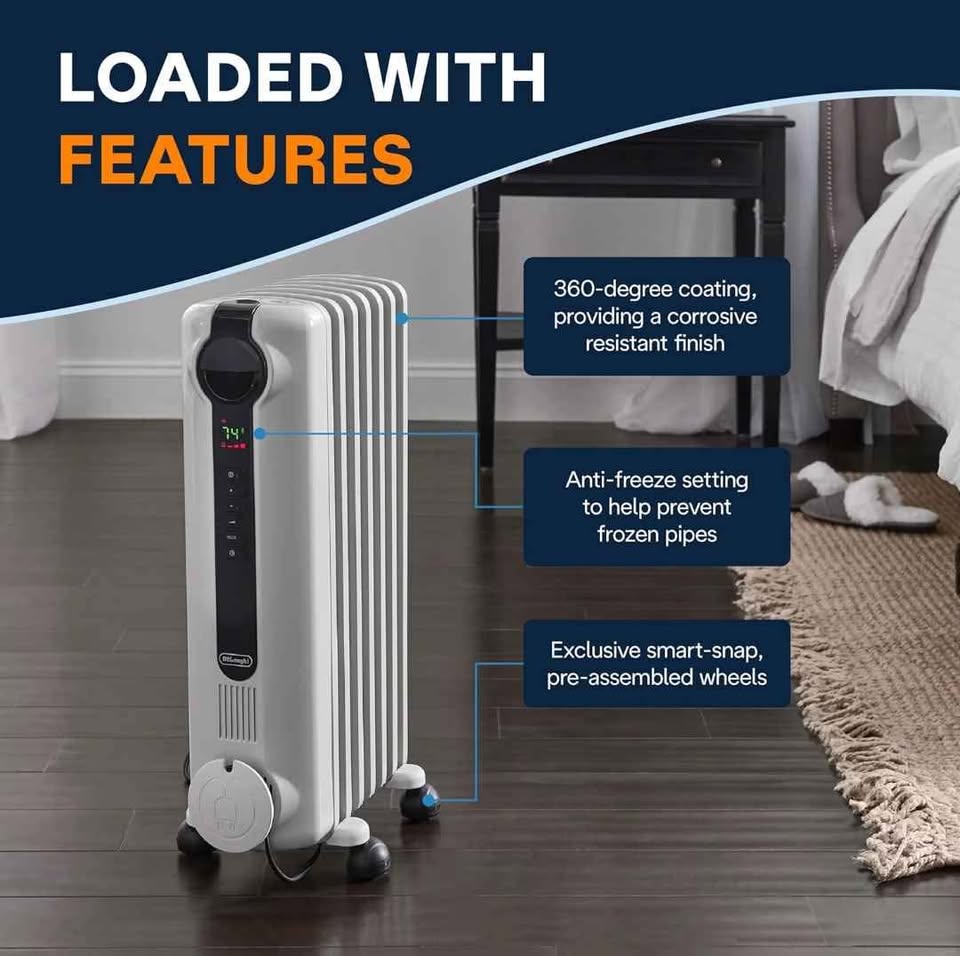 De'Longhi Oil-Filled Radiator Space Heater – 1500W (Light Gray) - photo 4