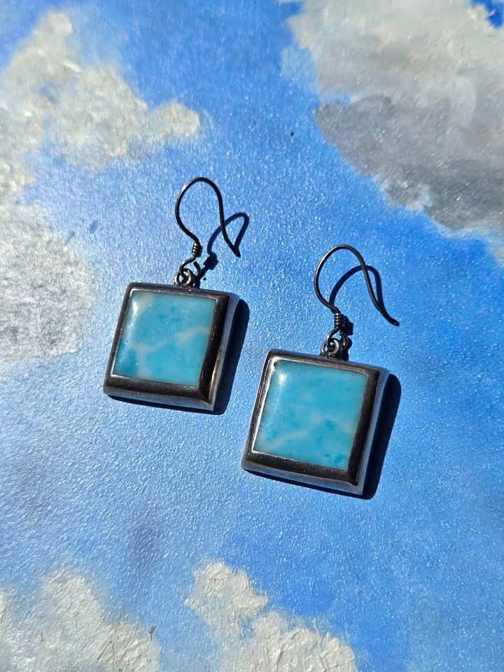 Square Larimar Sterling Silver Earrings Made in Mexico thumbnail