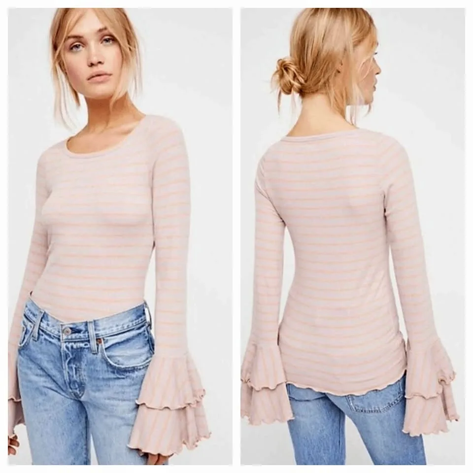XS Free People Striped Ruffle Bell Sleeve Long Sleeve Top