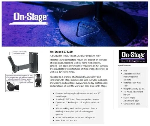 New On Stage Stands SS7322B Adjust Wall Speaker Bracket - Pair image indicator(5)