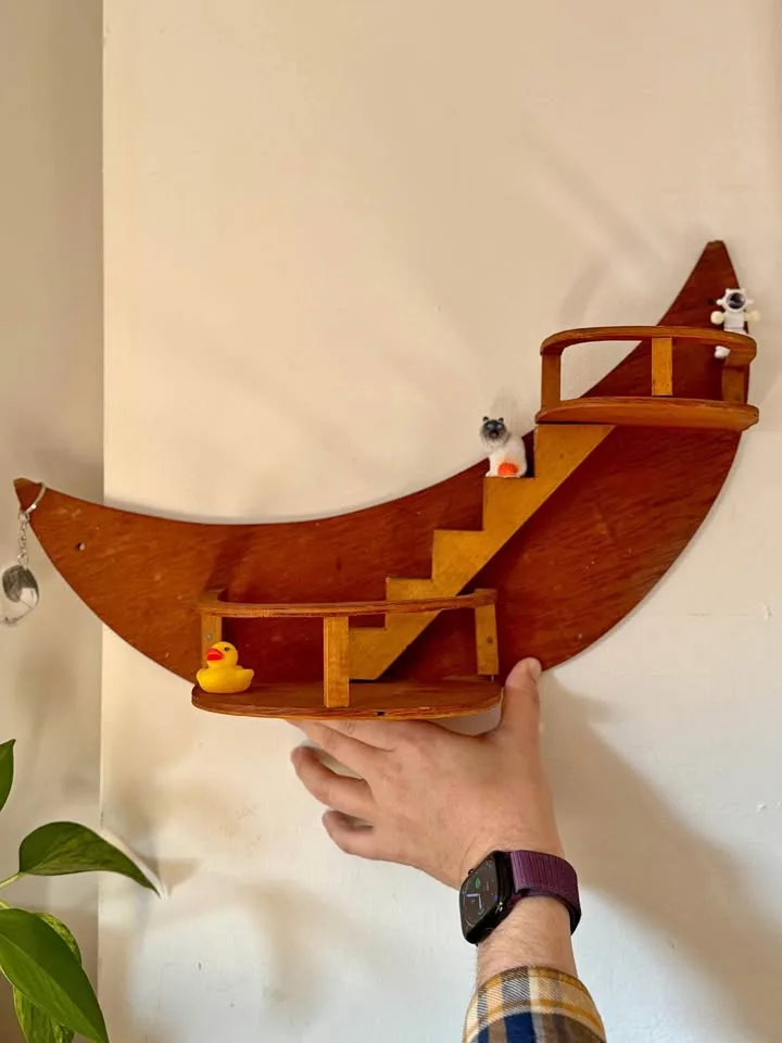 Vintage Wood Crescent Moon Staircase Shelf