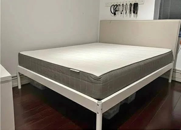 Queen Bed- Metallic Frame, Upholstered Headboard & Mattress