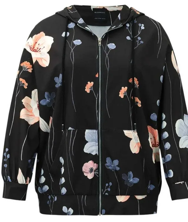 Floral Print Zipper Hooded Pocket Windbreaker thumbnail
