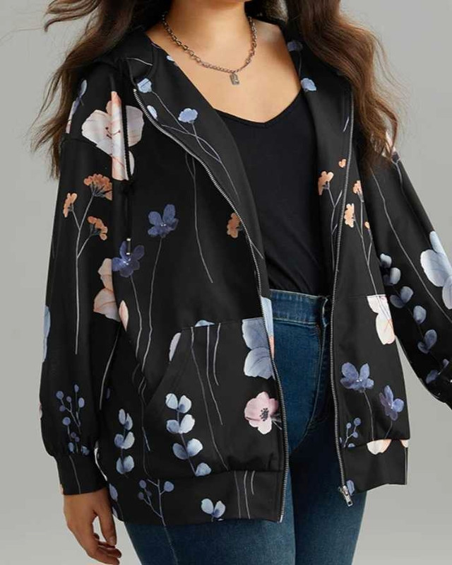 Floral Print Zipper Hooded Pocket Windbreaker - photo 3
