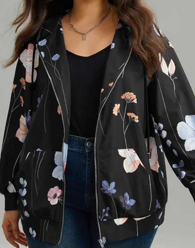 Floral Print Zipper Hooded Pocket Windbreaker - photo 4