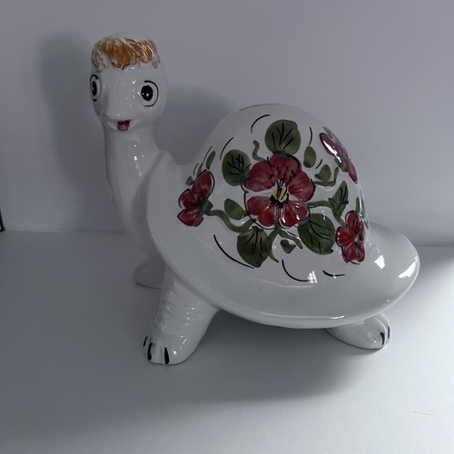 *RARE* Vtg Lefton Porcelain Turtle Piggy Bank Red Floral Made It