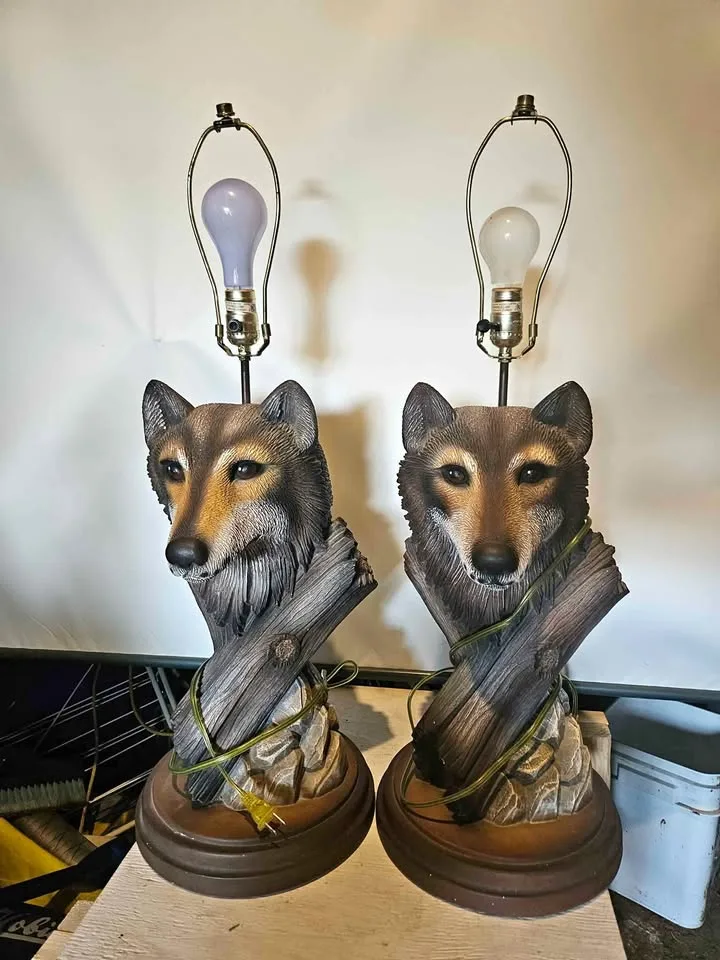 Pair of Ceramic Wolf Lamps