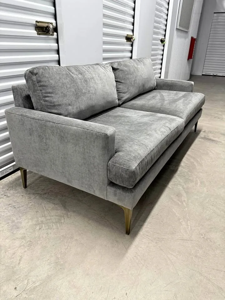 West Elm Andes 77 Inch Distressed Gray Couch With Brass Legs thumbnail