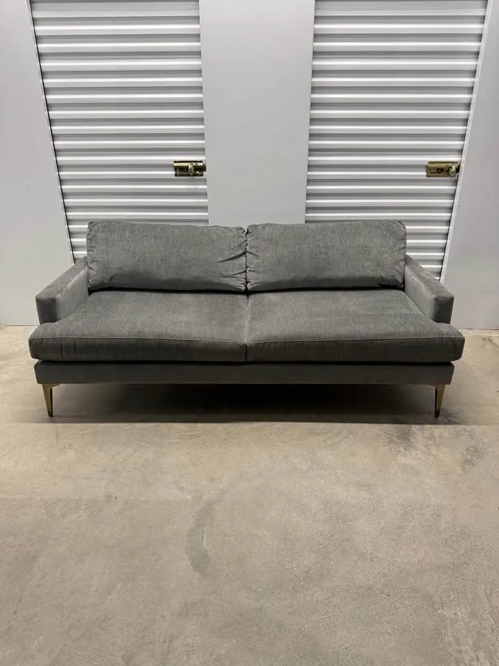West Elm Andes 77 Inch Distressed Gray Couch With Brass Legs image indicator(2)