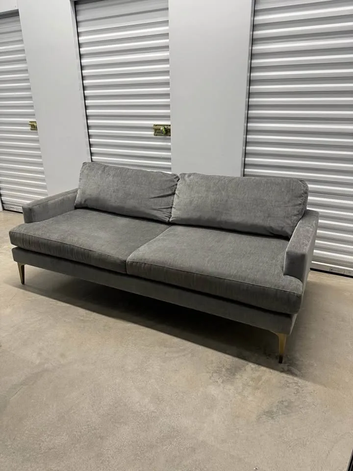 West Elm Andes 77 Inch Distressed Gray Couch With Brass Legs image indicator(3)