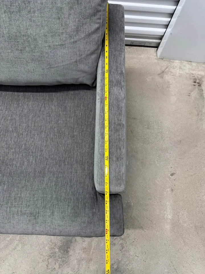 West Elm Andes 77 Inch Distressed Gray Couch With Brass Legs image indicator(5)