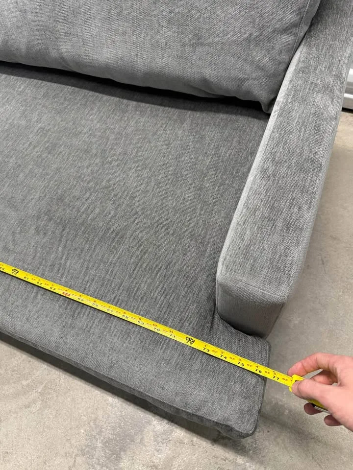 West Elm Andes 77 Inch Distressed Gray Couch With Brass Legs image indicator(6)